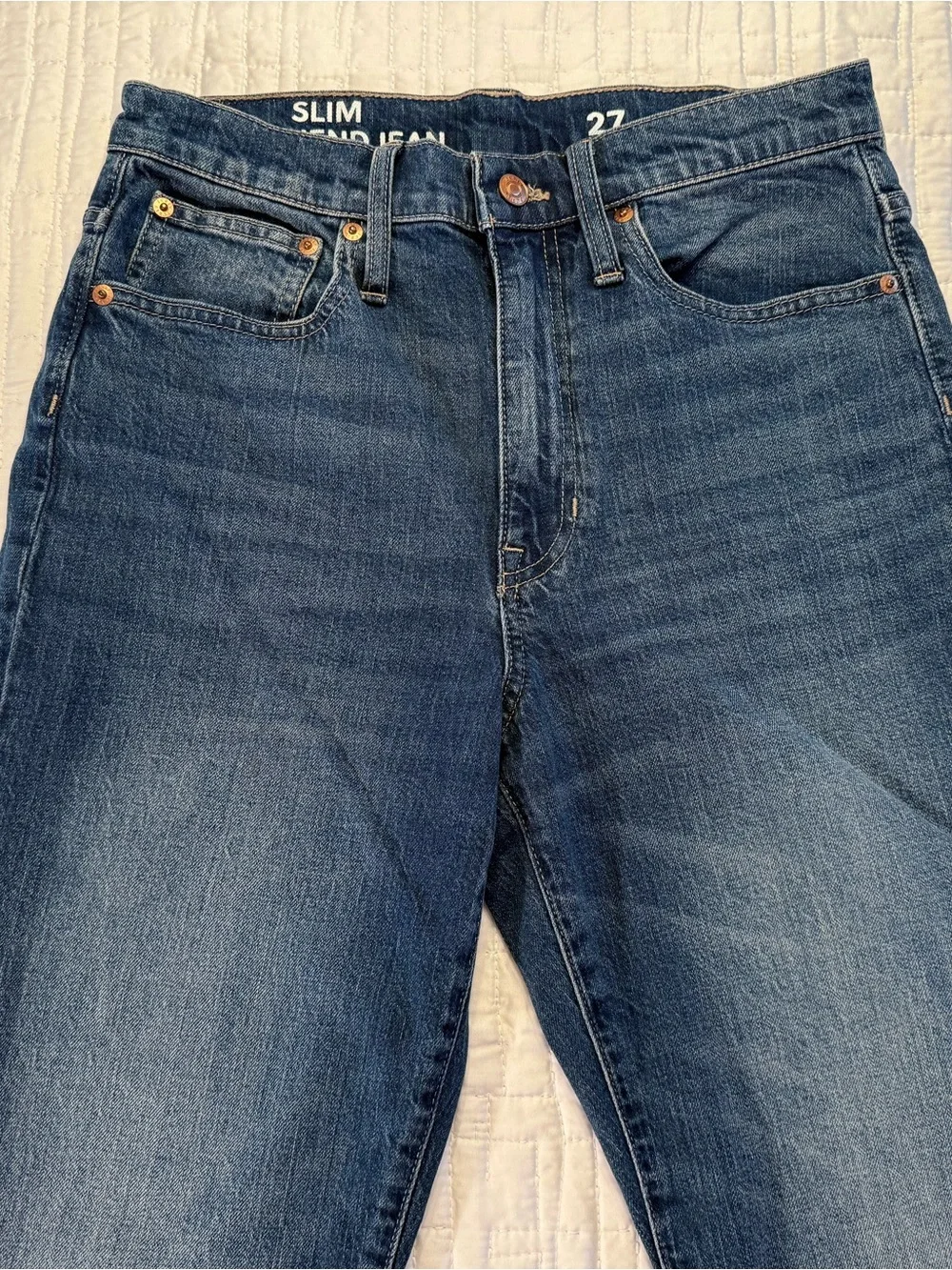 JCrew Slim Boyfriend in Mid Wash Blue. Whispering and fade. 28” inseam.